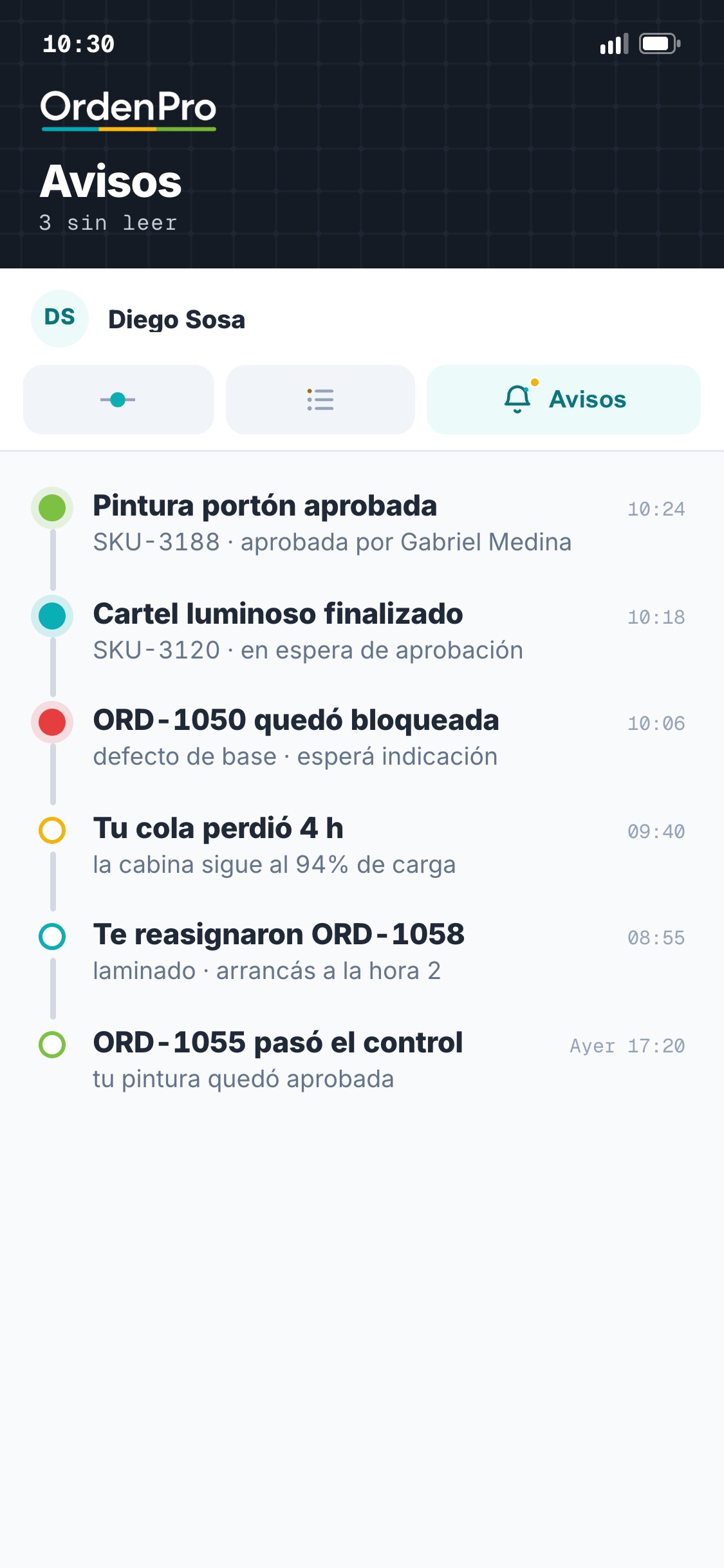 Pantalla de avisos del operario en OrdenPro