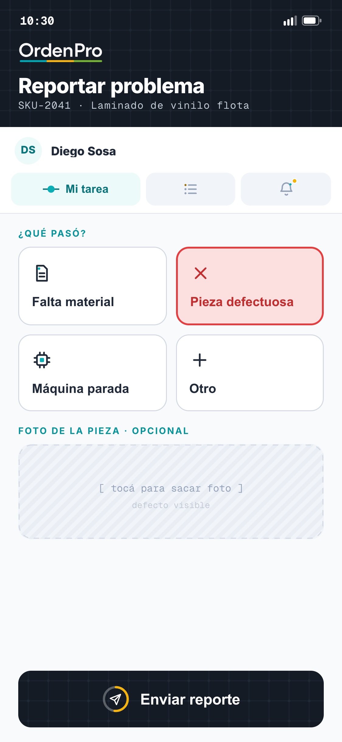 Pantalla de reportar problema en la app de operador