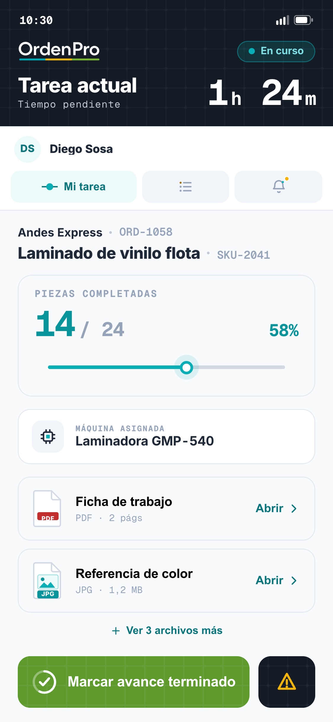 App de operador de OrdenPro mostrando la tarea actual y el avance